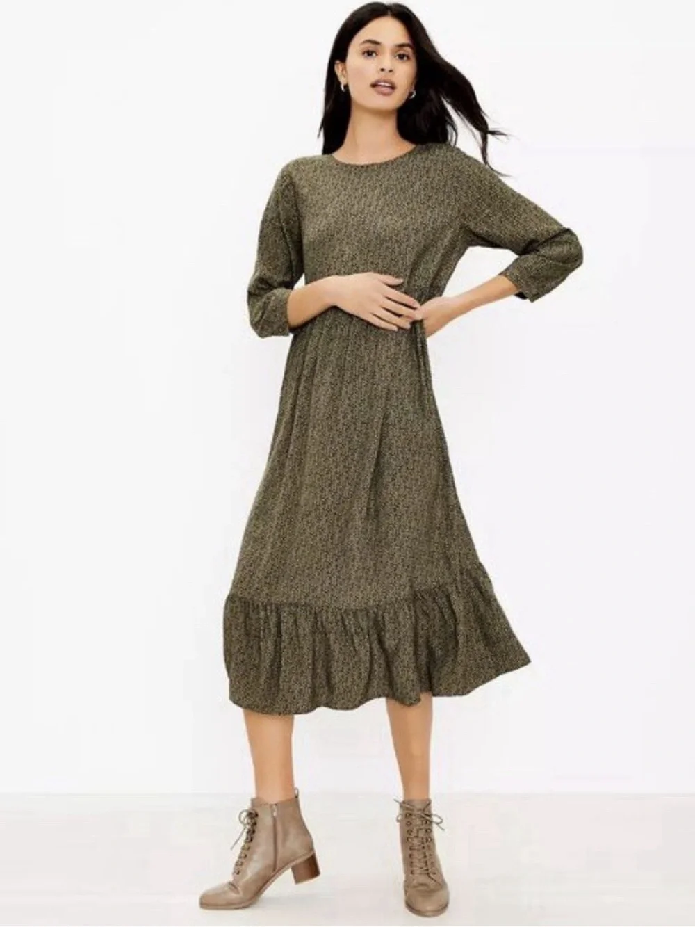 LOFT Olive Green Midi Dress with Ruffle Hem